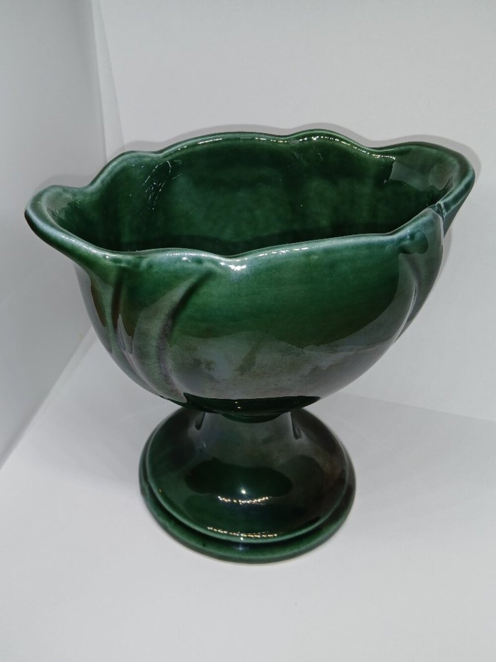 VINTAGE ANTIQUE MID-CENT HULL POTTERY USA F33 GREEN GLAZE TULIP PEDESTAL PLANTER